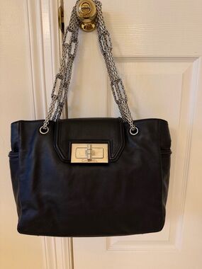 CHANEL Black Leather Shoulder Bag with Silver Chain Handles